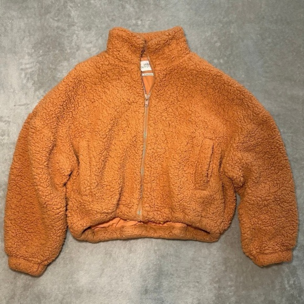 Urban Outfitters Teddy Fleece Sweater Size‎ S Orange Sherpa Zip Up Cropped Coat